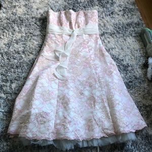 Raylia Designs Strapless Pink and Gold Lace Prom Dress